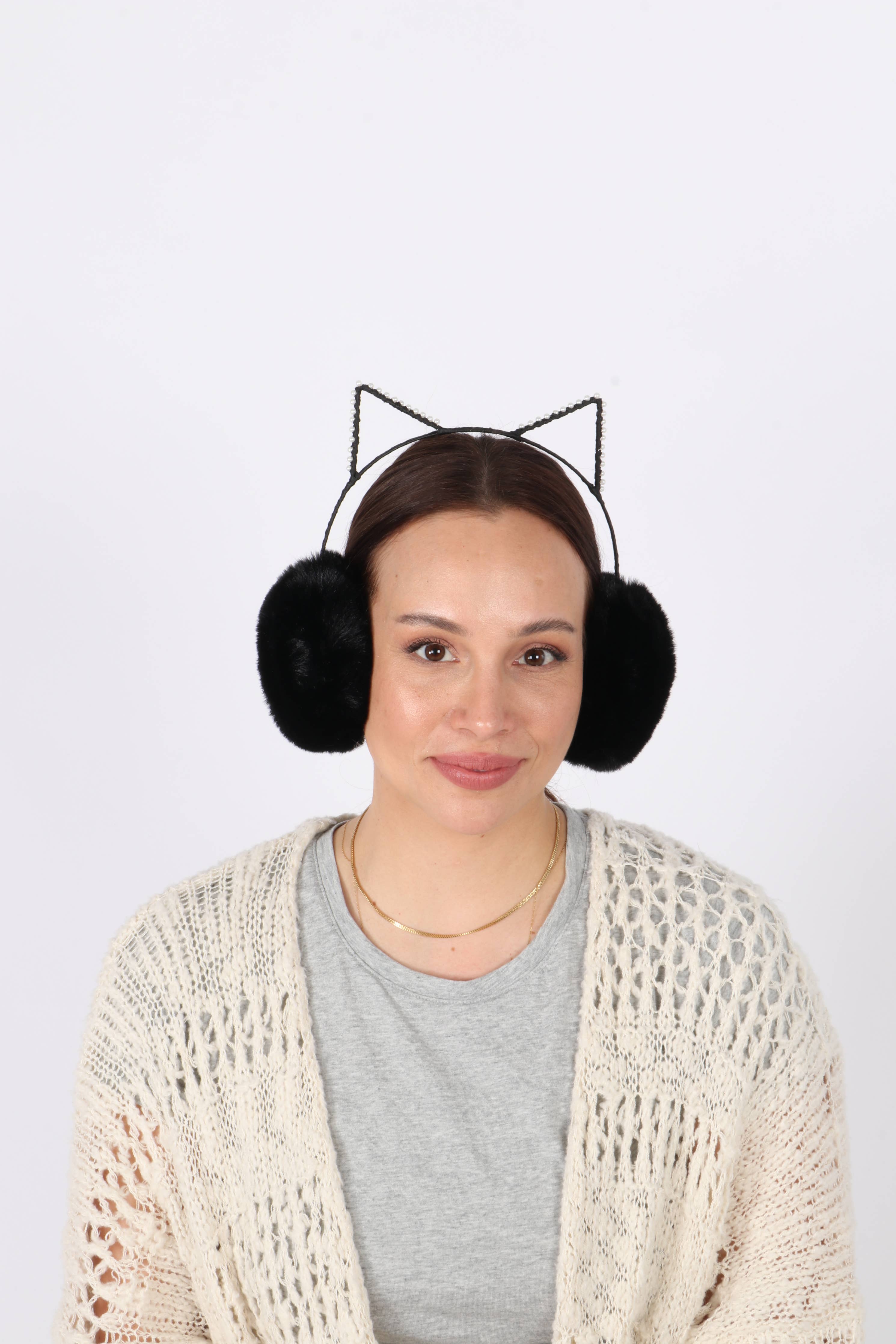 Faux Fur Ear Muffs with Pearl Trimmed Cat Ears