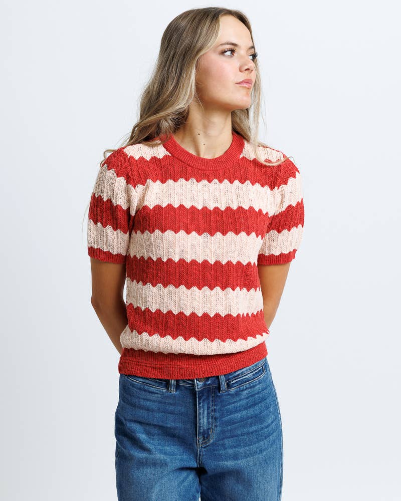 Tropez Red Striped Short Sleeve Pullover Sweater