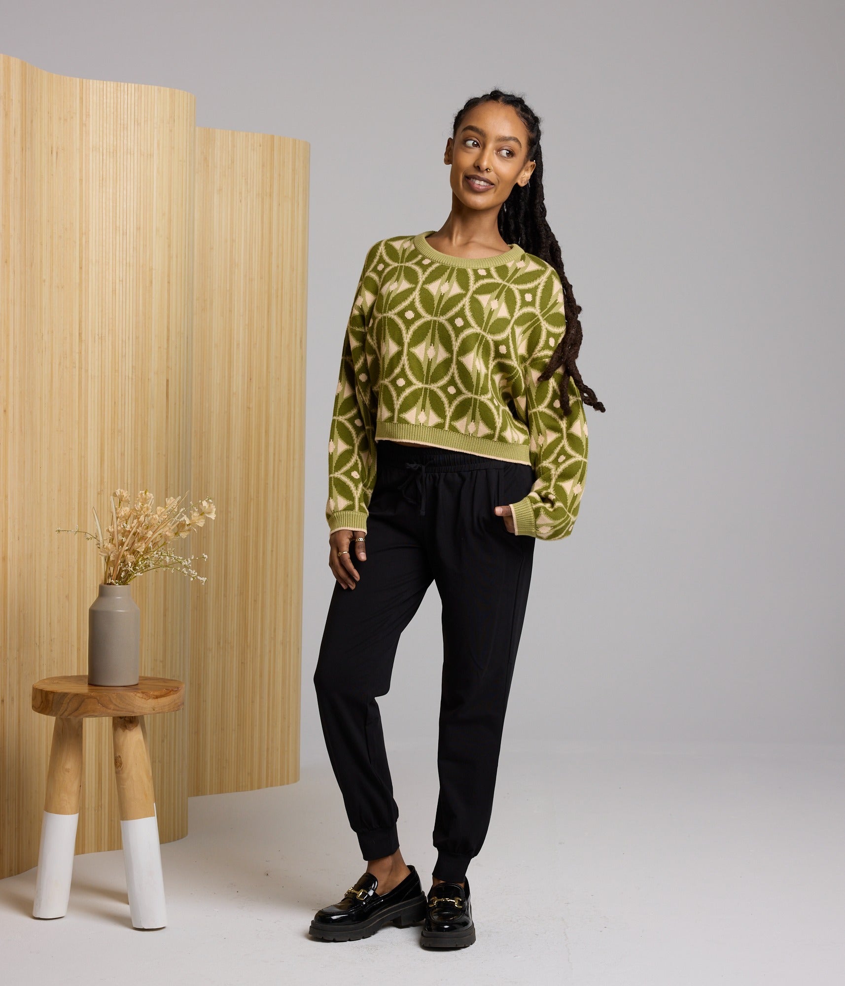 Ingrid Olive Geo Print Sweater - Known Supply