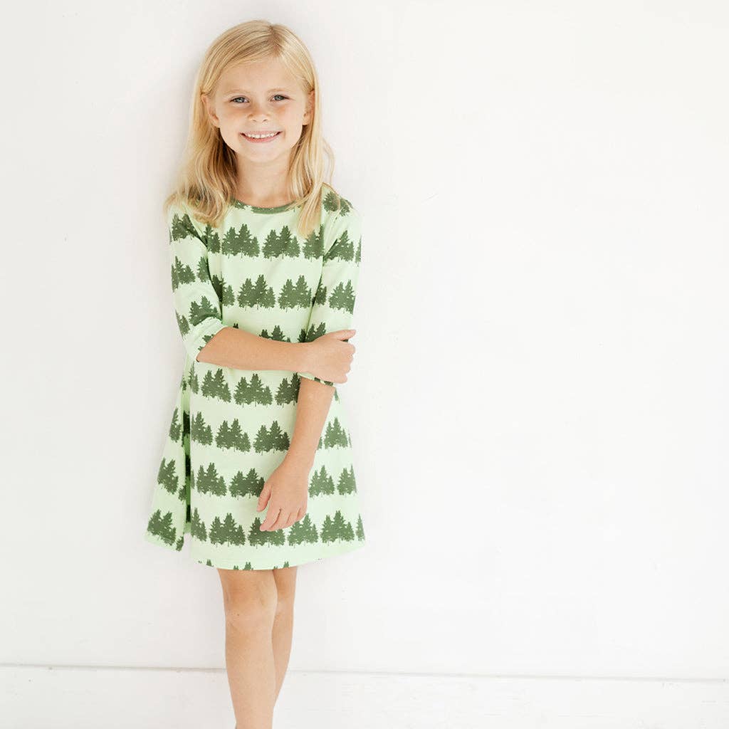 Crann Organic - Girls&#39; Green Dress - Tree Print