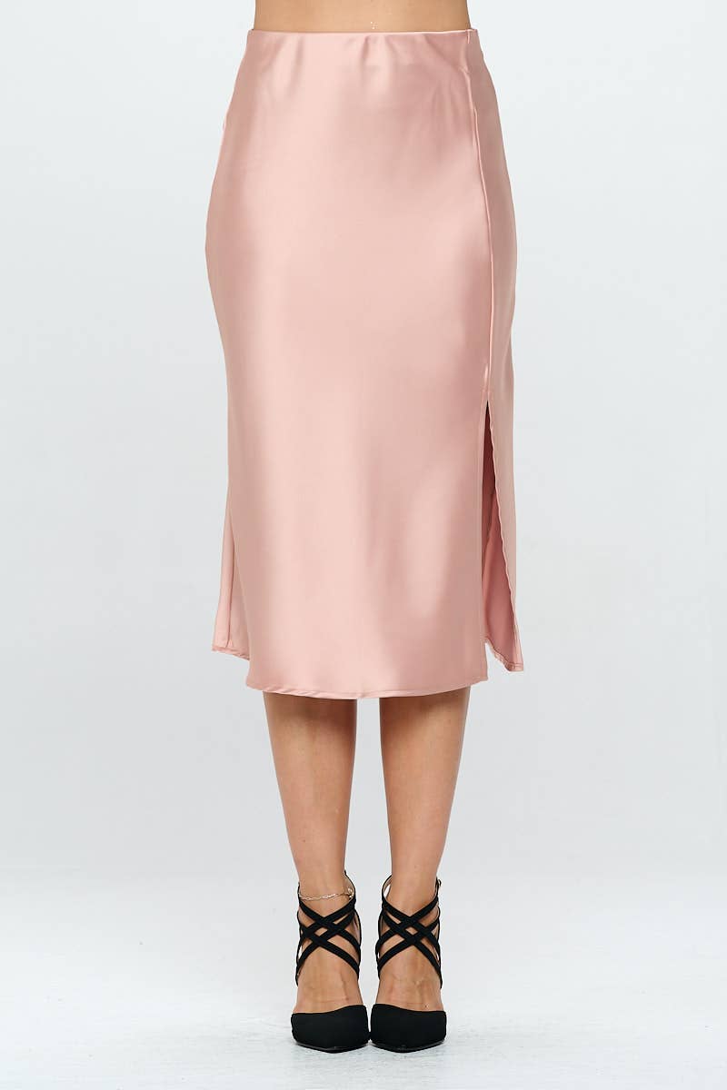 Solid Satin Midi Skirt with Slit