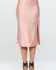 Solid Satin Midi Skirt with Slit