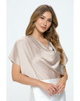 Satin Cowl Neck Short Sleeve Top