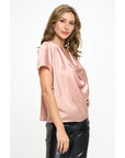 Satin Cowl Neck Short Sleeve Top