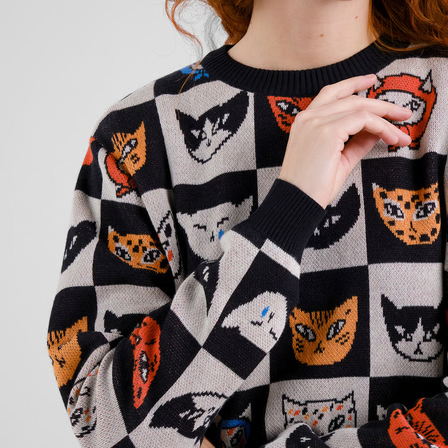 Cat Bingo Pattern Pullover Sweater