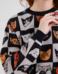 Cat Bingo Pattern Pullover Sweater