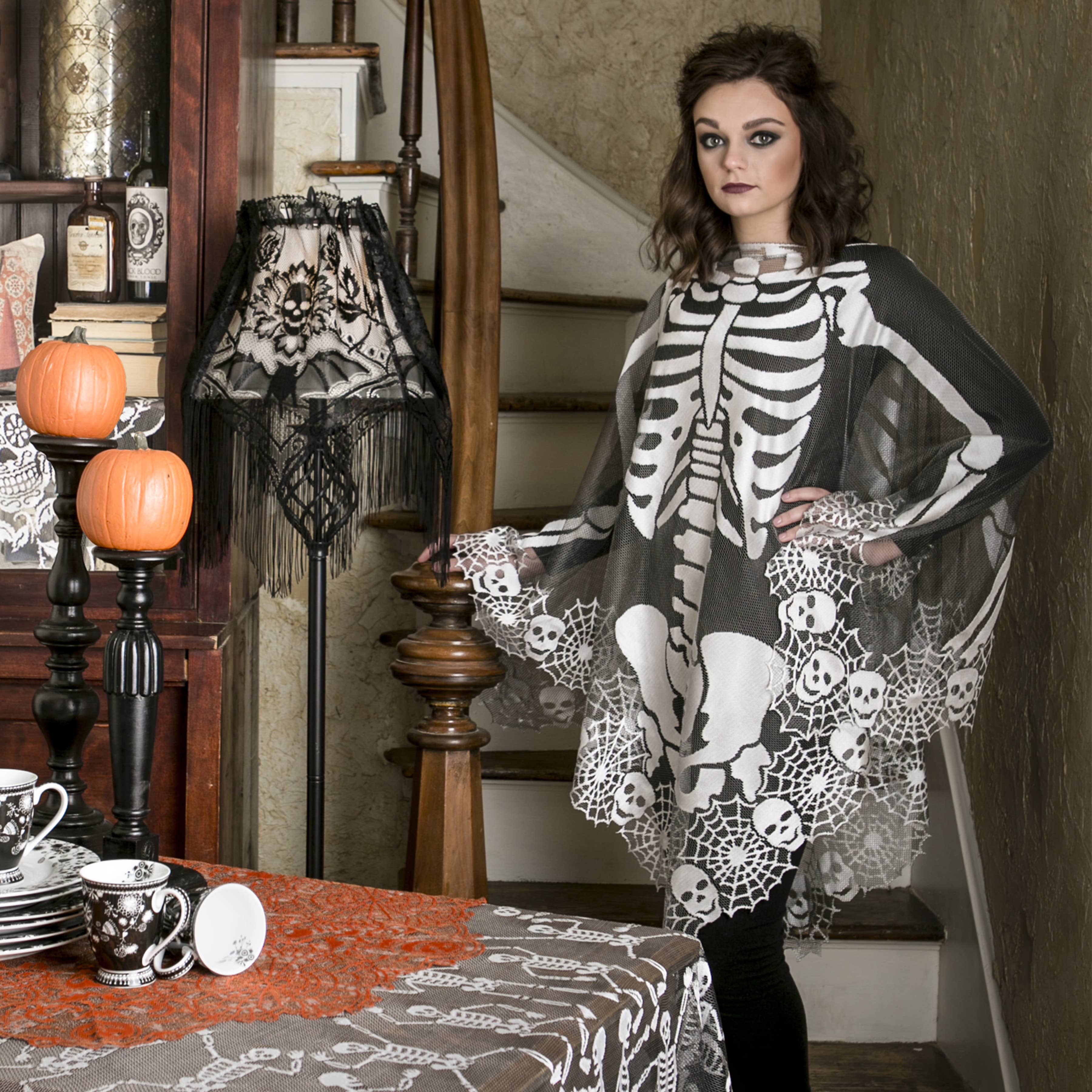 Skeleton 60x60 Pewter Lace Halloween Poncho Costume