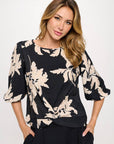 Made in USA Floral Print 3/4 Sleeve Top with Front Twist