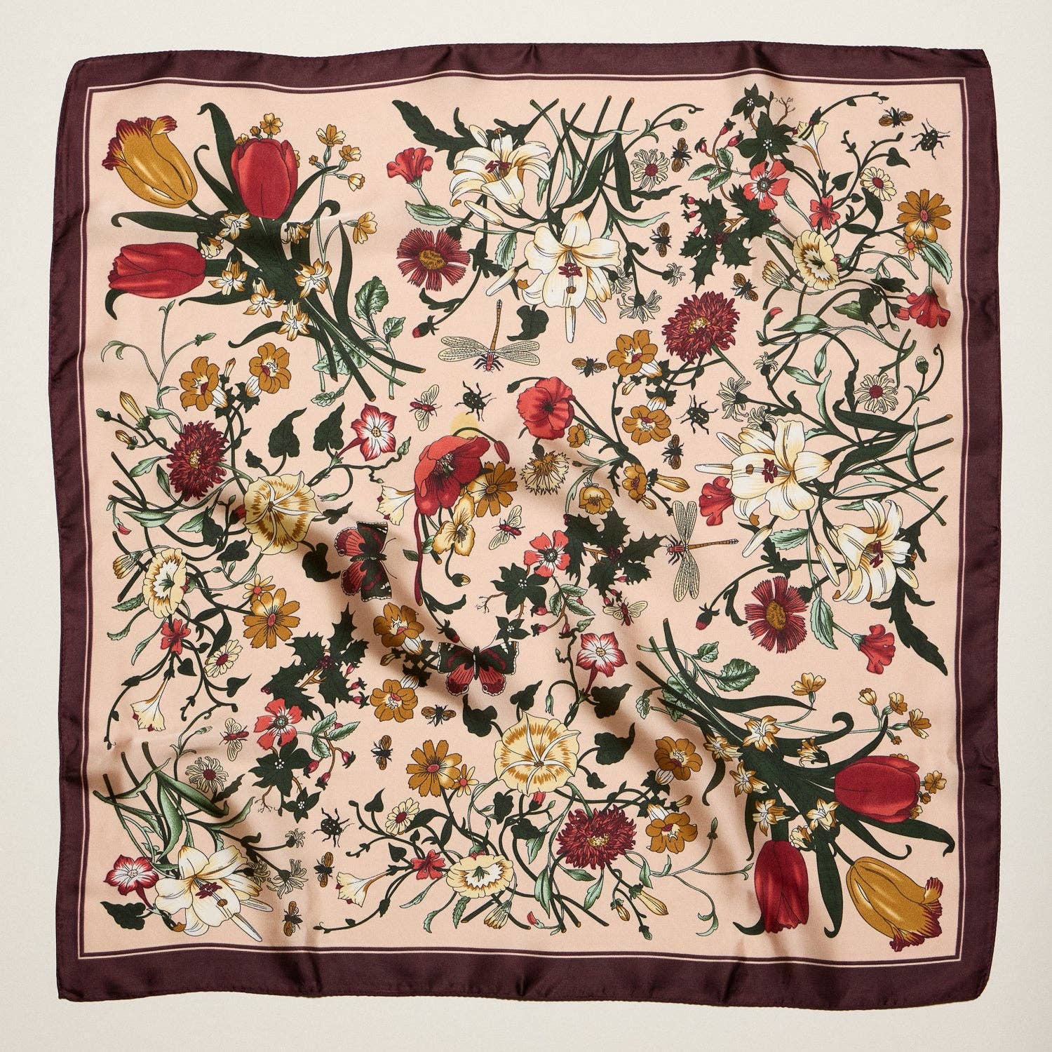 Vintage Botanical Floral Square Scarf – Elegant Garden Print Satin Neck &amp; Hair Scarf
