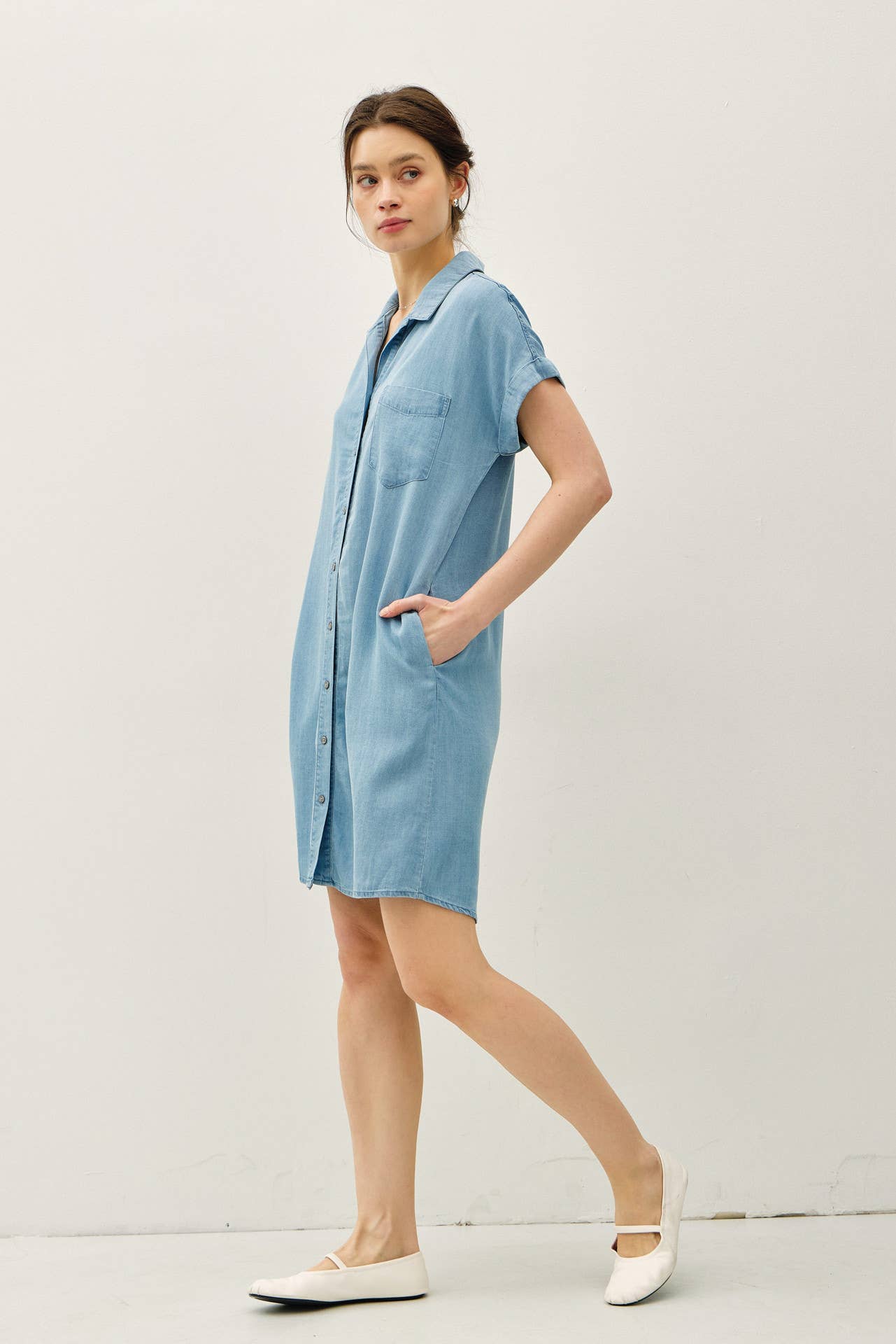 Denim Wash Button Down Tencel Dress : Med Wash / S Denim Wash Button Down Tencel Dress : Med Wash / S