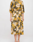 Made in USA Floral Print Collared V neck Dress with Pockets