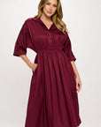 Made in USA Tencel Collared V neck Midi Dress with Pockets