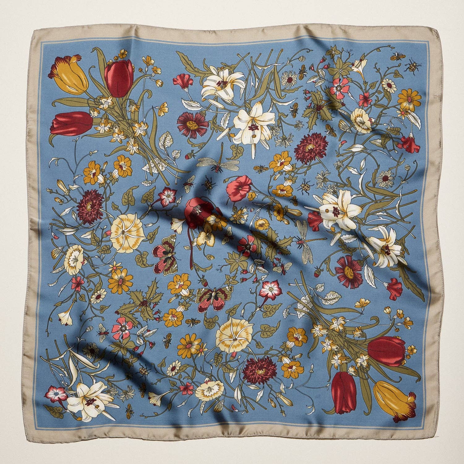 Vintage Botanical Floral Square Scarf – Elegant Garden Print Satin Neck &amp; Hair Scarf