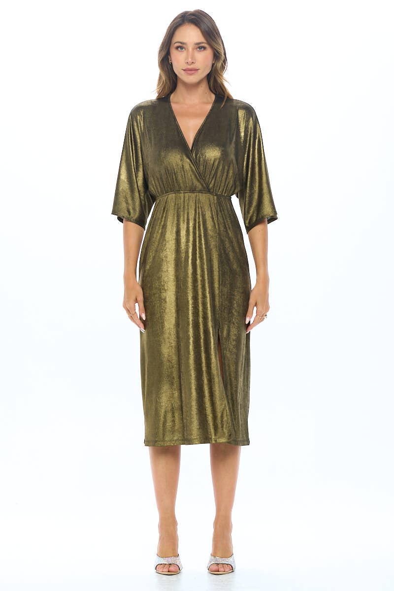 metallic kimono dress Made in USA Lurex Metallic Kimono V neck Dress with Slit
