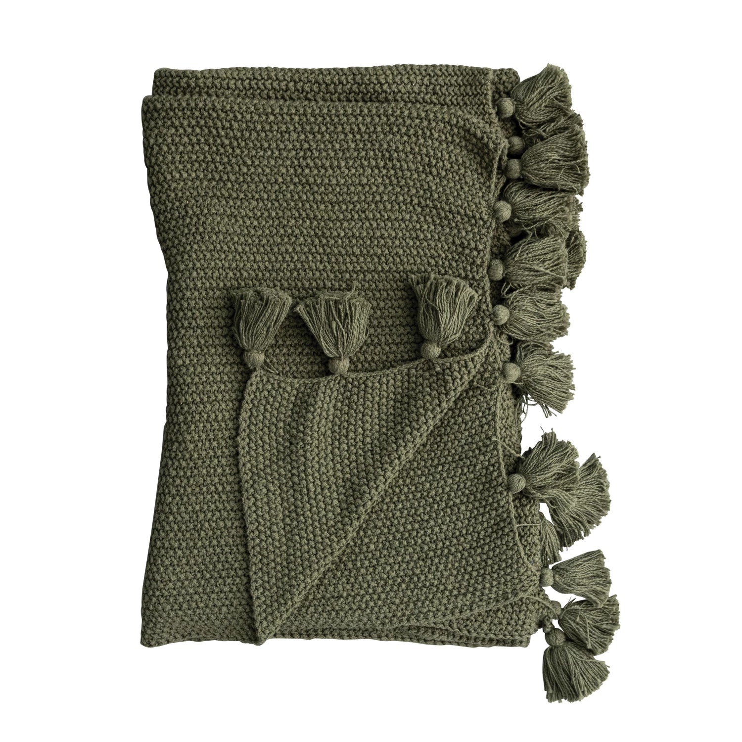 Cotton Knit Throw w/Tassels (Olive)