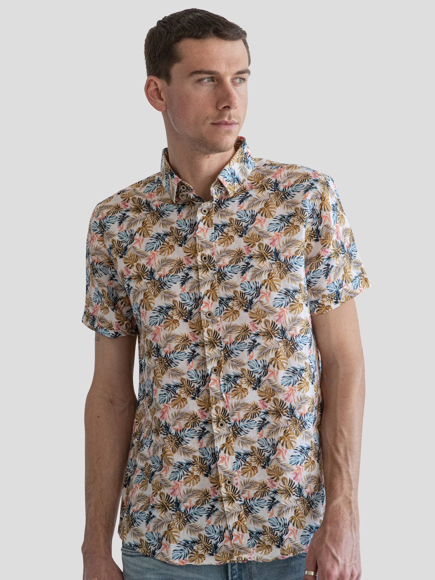 Linen button down shirt with palm print