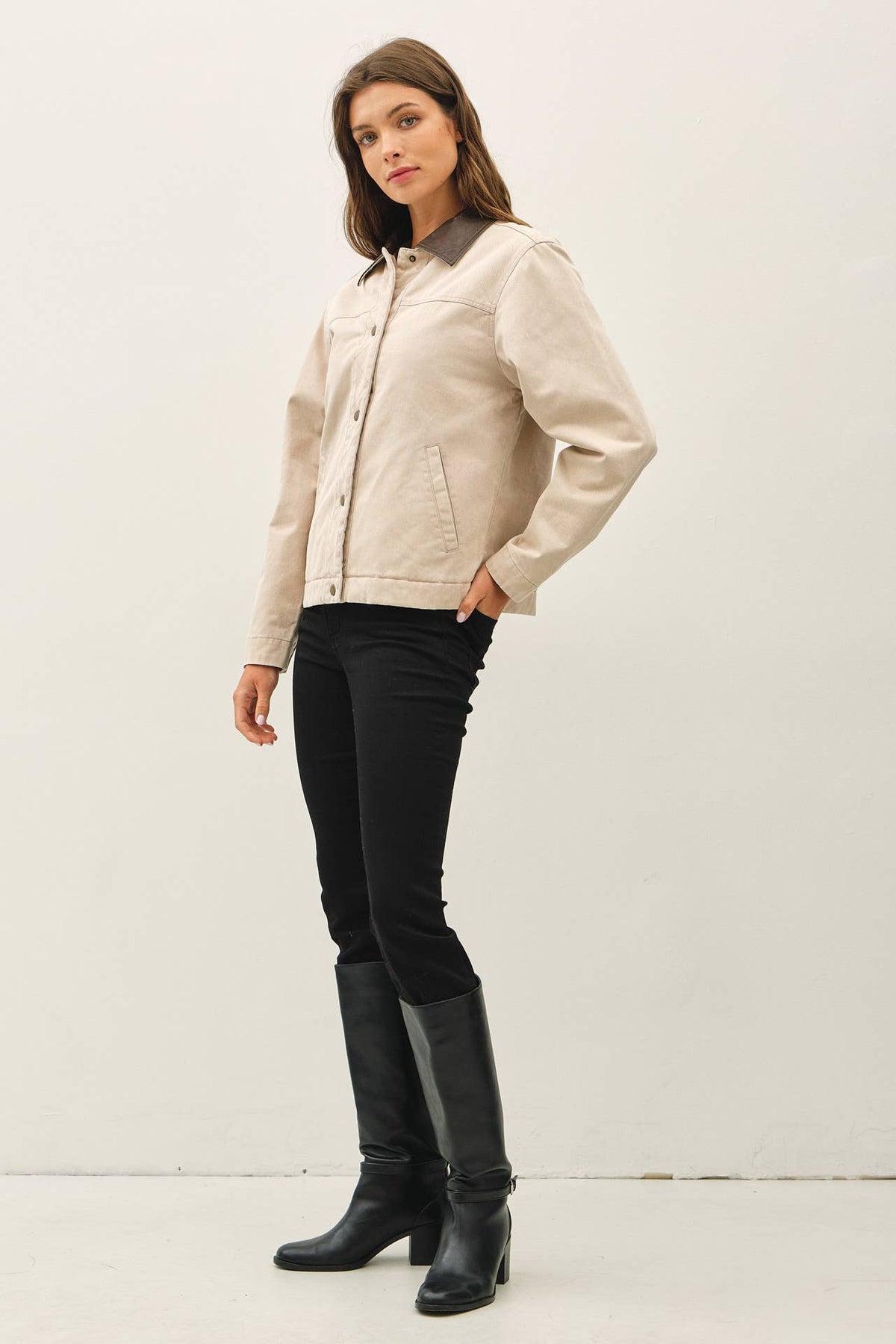 Barn Jacket with Faux Leather Collar