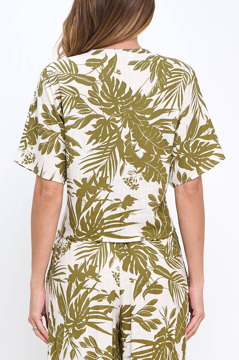 Made in USA Linen Tropical Print V neck Top with Front Tie