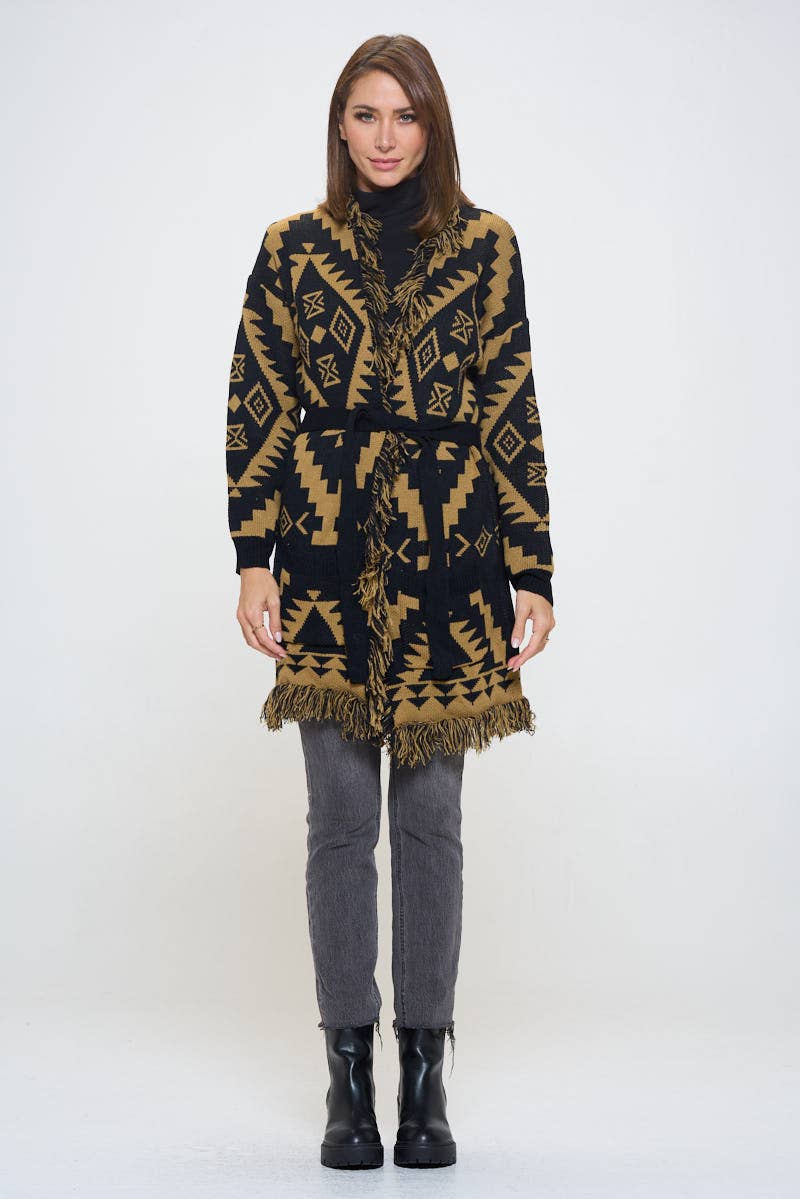 Tribal Print Cardigan with Fringe Detail and Tie – Sadie's Shop