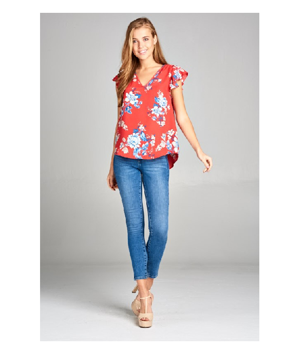 Floral print top with ruffle sleeve detail