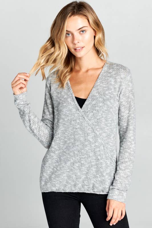 Long Sleeve Solid Knit Surplice Top