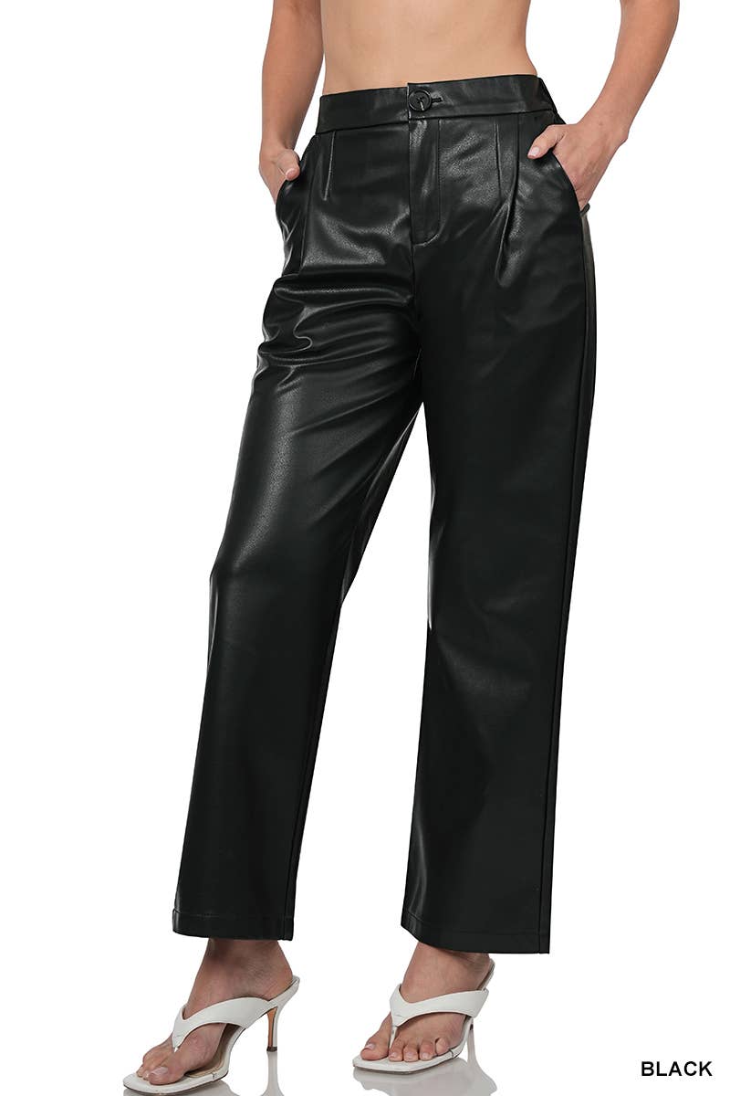 High Waist Faux Leather Pants With Pockets