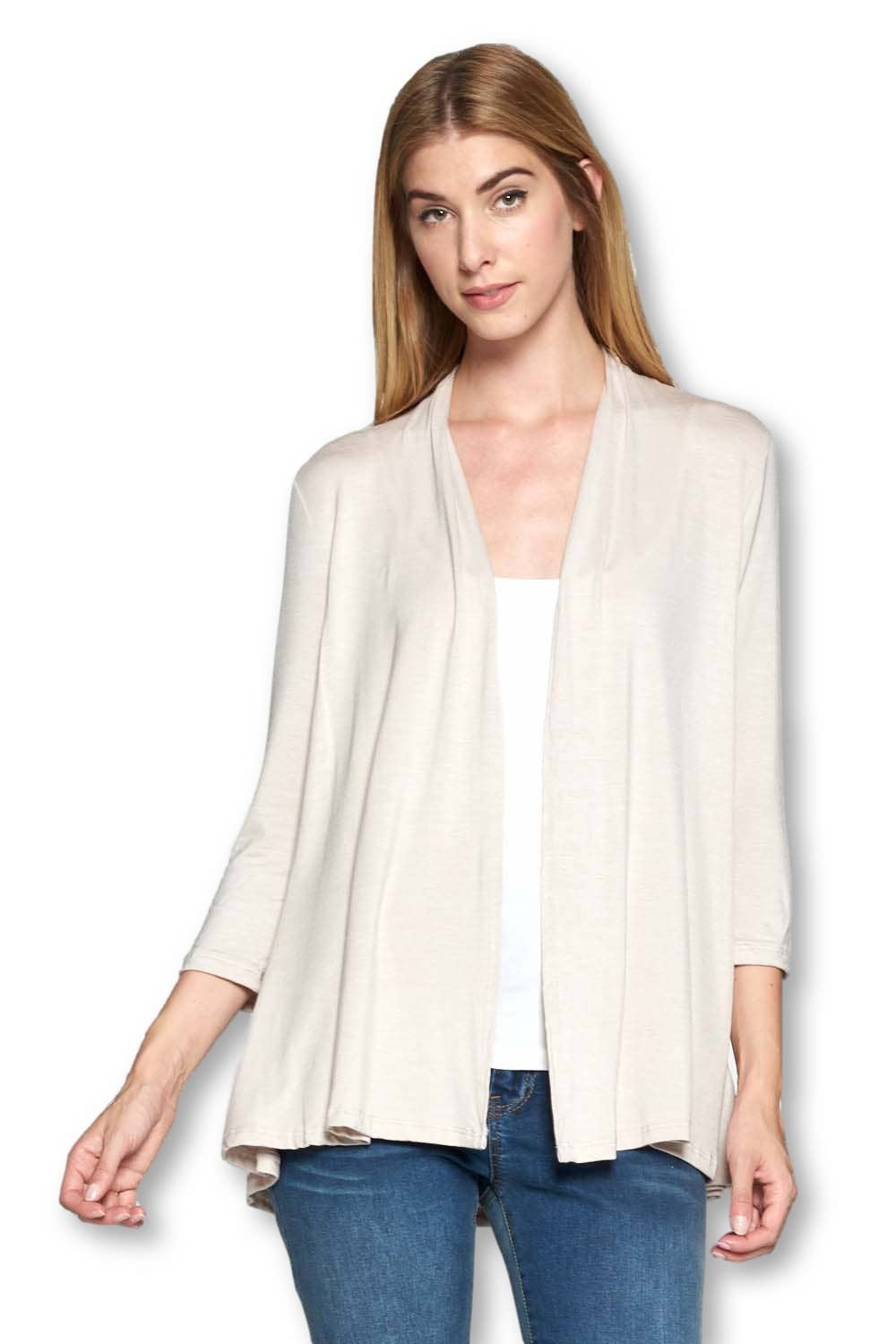 Made in USA Solid Bamboo 3/4 Sleeve Open Front Cardigan