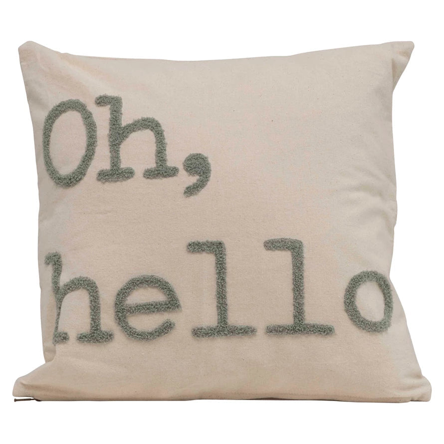 Cotton Pillow w/ Embroidery &quot;Oh, Hello&quot;, Polyester Fill
