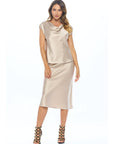Cream Solid Satin Top with Cowl Neck